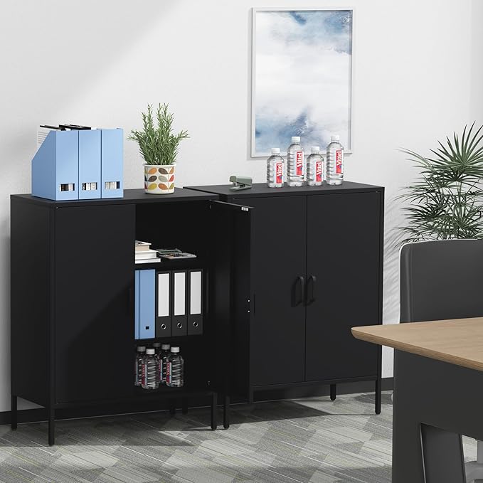 Washsemba Metal Storage Cabinet with Doors and Shelves,Multipurpose Storage Rack, 3-Tier Shelf,Metal Locker Style Accent Cabinet for Home Office,Living Room,Kitchen (Black, 40''H)