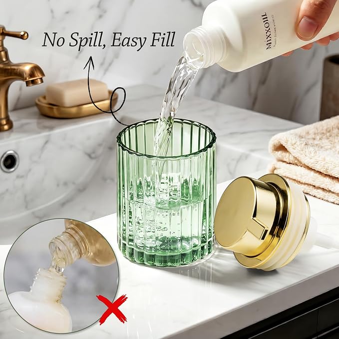 Foaming Hand Soap Dispenser, 8oz Refillable Sage Green Glass with Gold Pump, for Liquid Soap or Lotion, Vertical Ribbed Decor for Bathroom Vanity, Kitchen, Commercial Use - 1 Pack