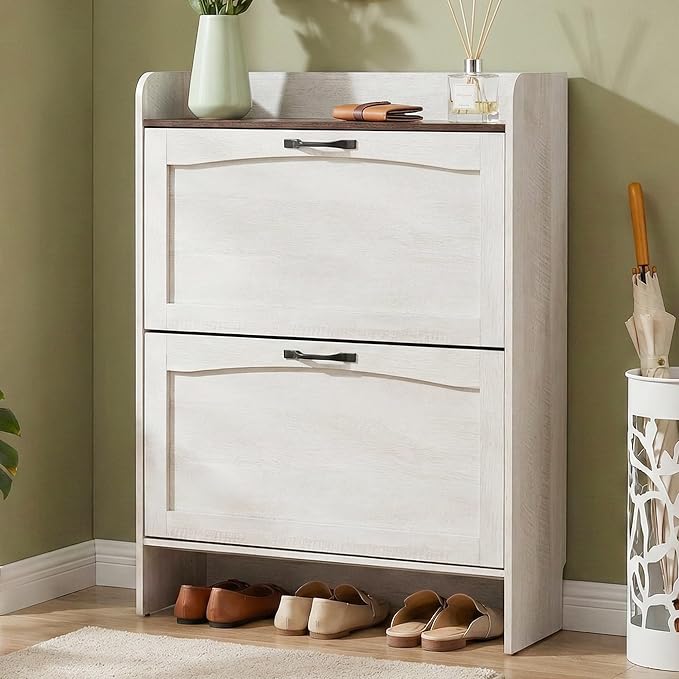 40” Narrow Shoes Storage Cabinet, Farmhouse Entryway Storage with 2 Drawers | Farmhouse Slim Shoe Cabinet for Entryway,Farmhouse Shoe Organizer with Removable Shelves,Hallway Anti-tip,Warm White Grayish