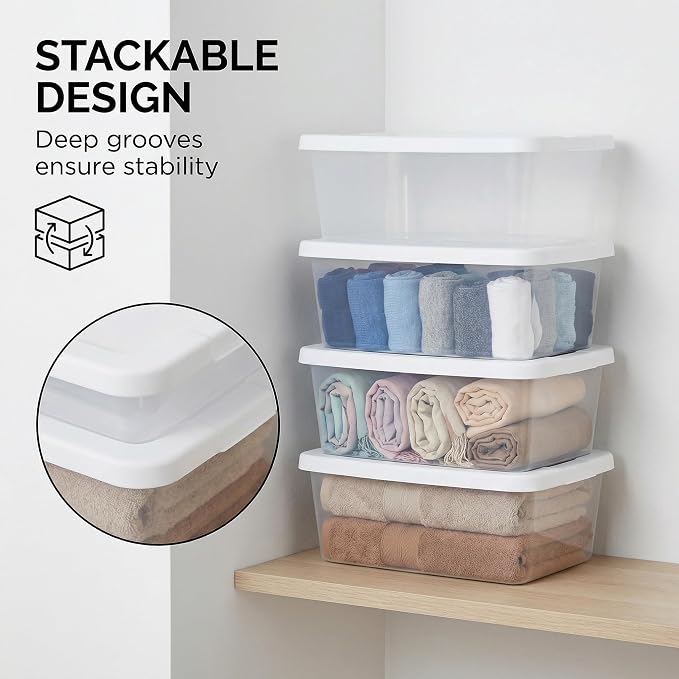20-Pack 6 Quart Storage Boxes – Clear Plastic Storage Bin with Snap, Shoe Boxes,Stackable Bins for Closet, Kitchen Storage, Office Organization,White