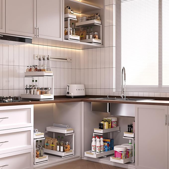 AndUp Under Sink Organizer, 2 Tiers Pull Out Bathroom Organizers and Storage, Slide Out Cabinet Organizer Shelf for Kitchen Bathroom, Multi-Purpose Collection Organizer Drawer Shelf (White, 1pcs)