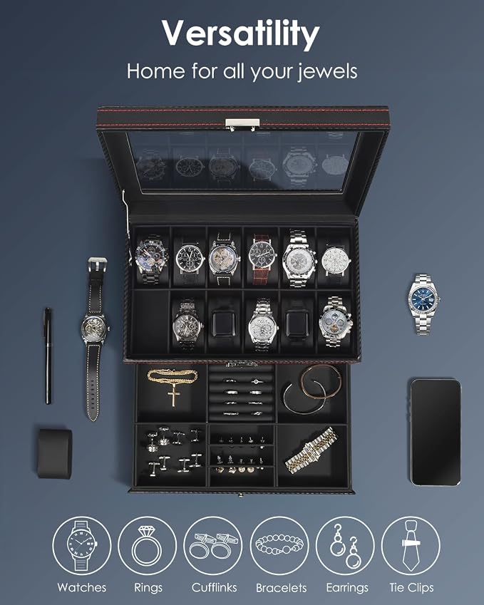 Kukikan Watch Box Jewelry Organizer, 12-Slot 2-Layer Watch Case Storage with Large Glass Lid, Watch Storage Case with Lock, Watch Holder Display Case, Fathers Day Gift for Dad