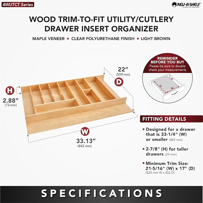 Rev-A-Shelf Wood Trim-to-Custom-Fit Utensil Drawer Insert Organizer, 33.11" x 21.97" - Spoons, Forks, Silverware, and Cutlery Drop-In Storage Tray for Kitchen Cabinet Organization, 4WUTCT-36-1