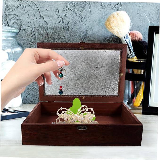 GLEAVI Vintage Wooden Storage Box with Glass Lid Elegant Organizer for Jewelry and Desktop Sundries Large Minimalist Design for Home Decor and Office Use