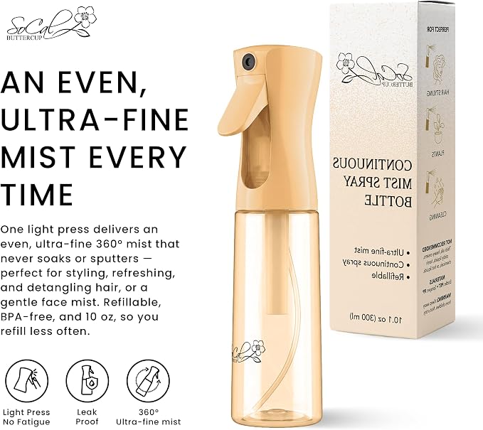 Continuous Spray Bottle for Hair – Slim Design - Fine Mist Water Sprayer for Hairstyling, Curly Hair – Refillable Mister Bottle with 360 Spray – Travel Size Hair Water Bottle