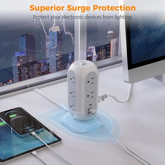 TESSAN Tower Power Strip Flat Plug with 1050J Surge Protection, 10 Ft, Grey | 11 Outlets 3 USB (1 USB C), Surge Protector Power Tower, Extension Cord with Multiple Outlets, Dorm, Office Desk Supplies