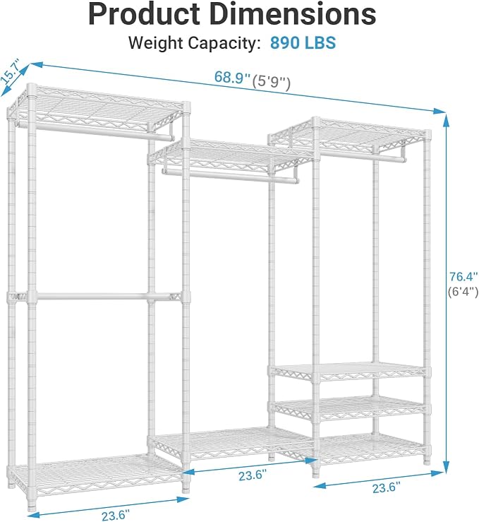 VIPEK V5 Portable Closet Wardrobe Heavy Duty Clothes Rack, Freestanding Clothing Racks with 4 Hang Rods & 8 Shelves, Adjustable Custom Closet Racks, 68.9" L x 15.7" W x 76.4" H, Max Load 890LBS, White