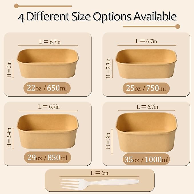50 Pack 35Oz Disposable Meal Prep Containers With Lids and Forks-Disposable Kraft Paper Bowls-to go food containers-Microwavable and Freezer Safe Take Out Containers for Hot/Cold Food Prep and Salad