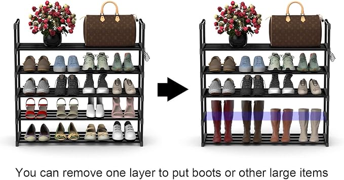 Hsscblet 5 Tiers Metal Shoe Rack,Adjustable Shoe Shelf Storage Organizer with Hooks,Stackable Boot & Shoe Storage,for Entryway,Hallway,Closet,Black