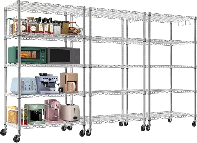 24" Wx18 Dx75 H Chrome Storage Shelves with Wheels, 5 Tier Wire Shelving Adjustable Metal Shelving Pantry Shelves Capacity 1250LBS for Garage Shelving, Pantry, Kitchen, Closet,3PACK