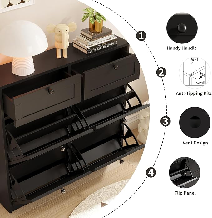 VOWNER Shoe Cabinet with 4 Flip Drawers & 2 Drawers, Freestanding Shoe Storage Cabinet with Adjustable Shelves, Shoe Organizer for Entryway, Hallway, Living Room (Black)