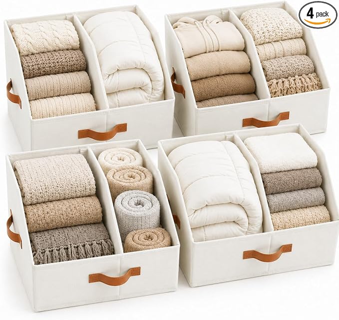 Closet Organizers And Storage - EXTRA LOAD & HEIGHT FOR DEEP Trapezoid Storage Bin W/ Handles & Adjustable Dividers, Collapsible Storage Bins For Clothes Storage & Shelf Organizer (4pcs, Large, Ivory)