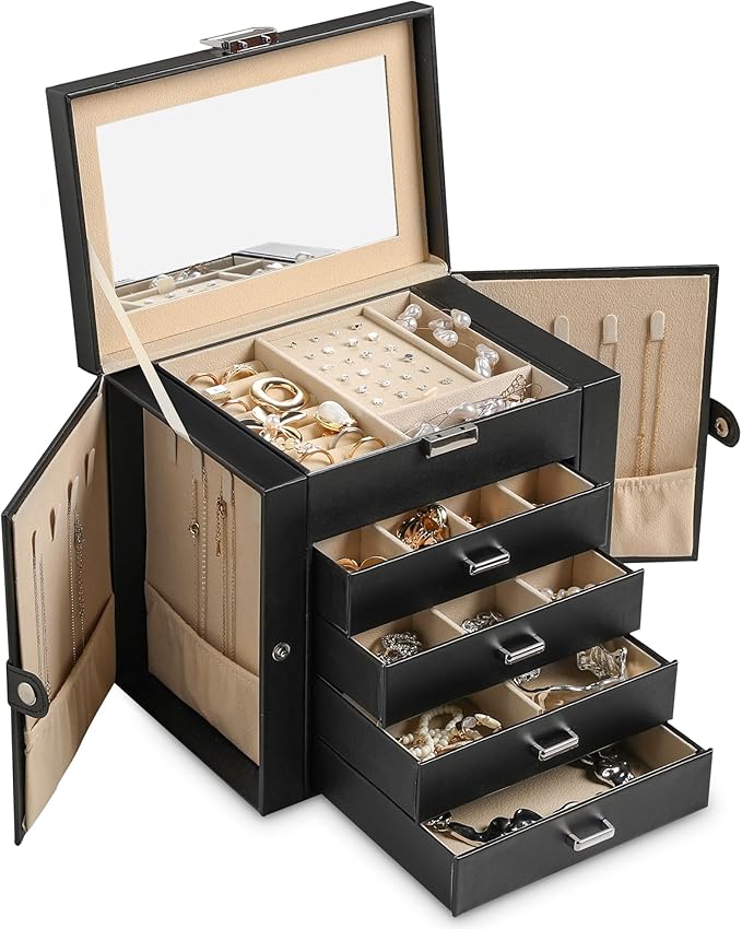 Frebeauty 5-Layer Jewelry Box for Women,Jewelry Organizer with 4 Drawers | Faux Leather,Built-in Mirror,Spacious Jewelry Storage,16 Necklace Hooks,Organizing by Category for Rings Earrings Bracelet
