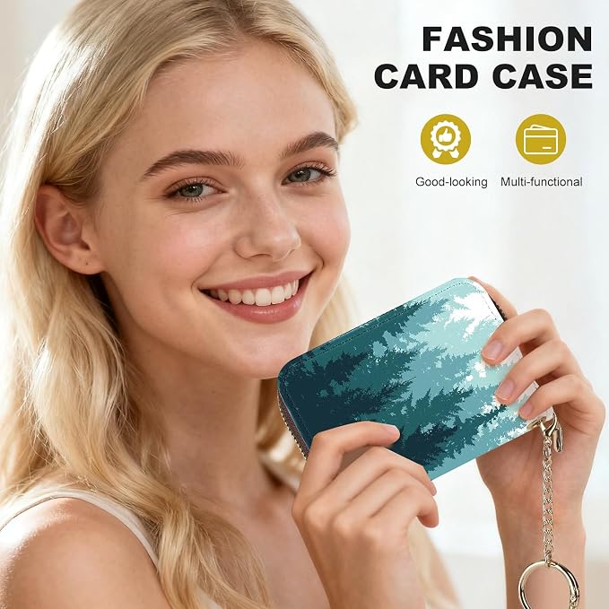 Credit Card Holder for Women,Small Rfid Wallet with Keychain Zipper,Cute PU Leather Card Case Wallet，Accordion Credit Card Wallets Gift,Forest Silhouette