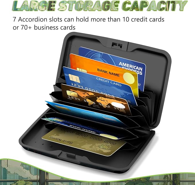 Credit Card Holder, Business Card Case Mini RFID Small Aluminum Card Wallet | RFID Blocking Front Pocket Wallet Hard Case Durable Blocking Slim Metal CC Holder, Cute Green Japanese Kawaii Cat