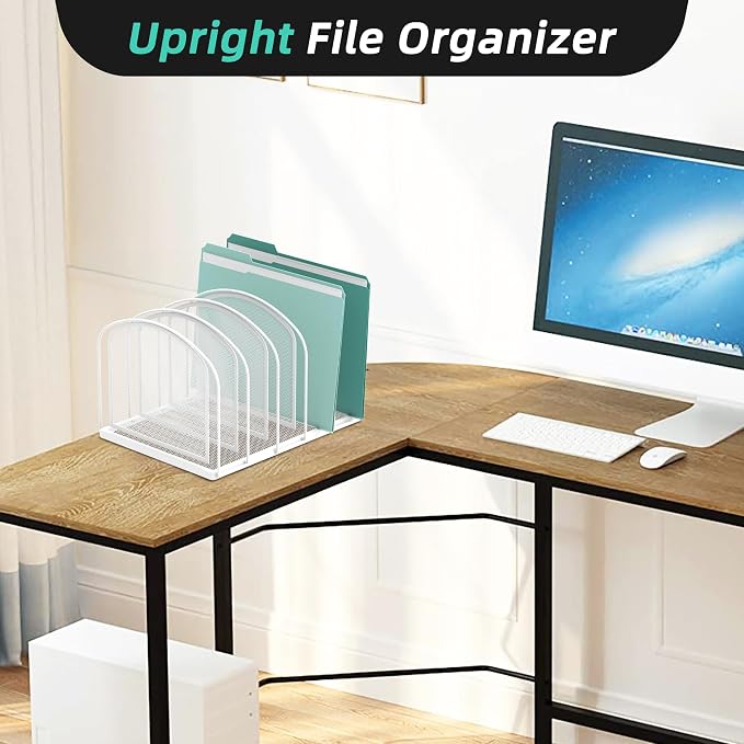 SUPEASY File Organizer 5-Section Mesh Desk Organizer, Upright File Organizer Desktop Organizer File Sorter, File Folder Holder for Office Supplies, White