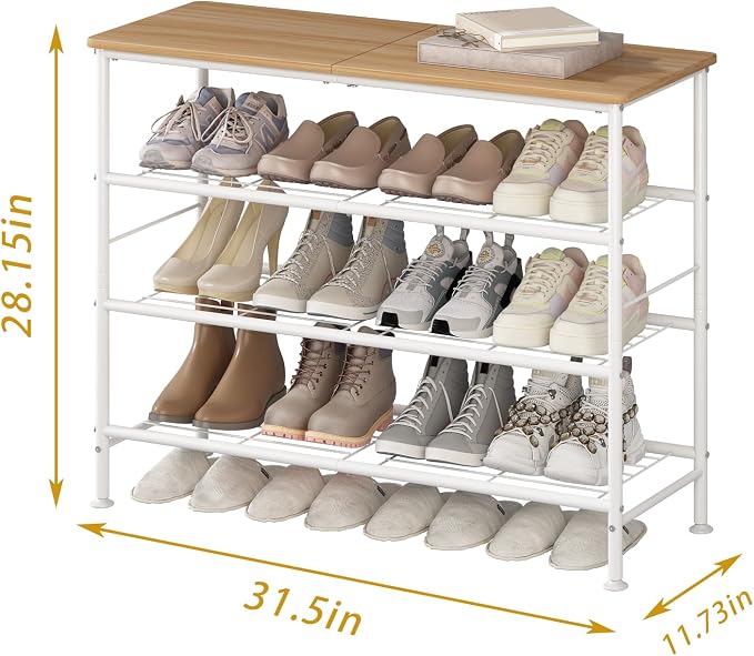 SUOERNUO Shoe Rack Organizer 4 Tier for Closet Entryway Free Standing Metal Storage Shoe Shelf with MDF Top Board (White + Nordic Walnut, 4 Tier)