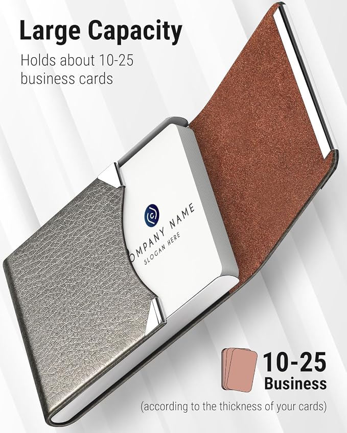 MaxGear Business Card Holder, PU Leather Business Card Case, Gray | Stainless Steel Interior, Magnetic Closure, RFID Blocking, Holds 15–25 Standard Business Cards