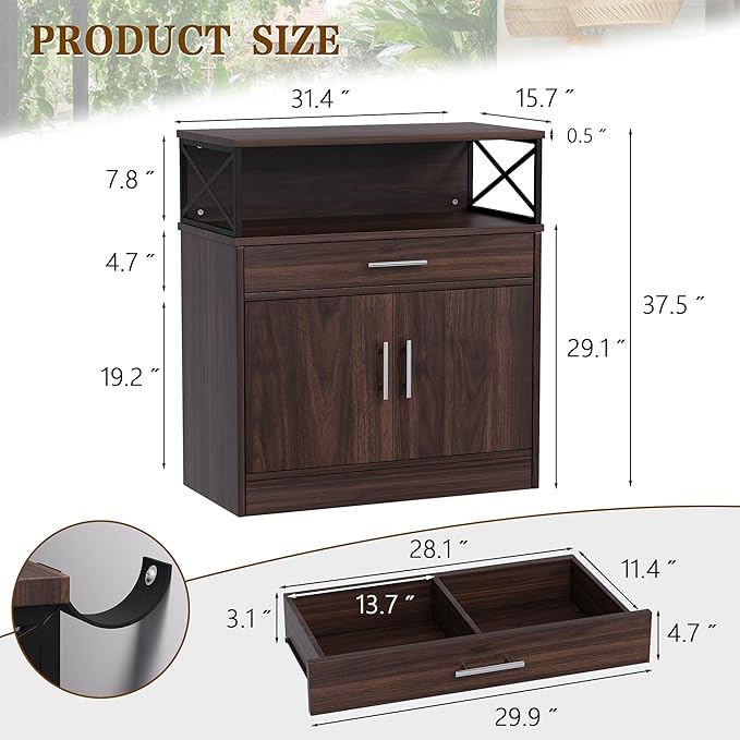 Meilocar Buffet Cabinet, Coffee Bar Cabinet, Wooden Kitchen Sideboard with Storage and Drawer, Farmhouse Storage Cabinet for Living Room, Dining Room, Dark Brown