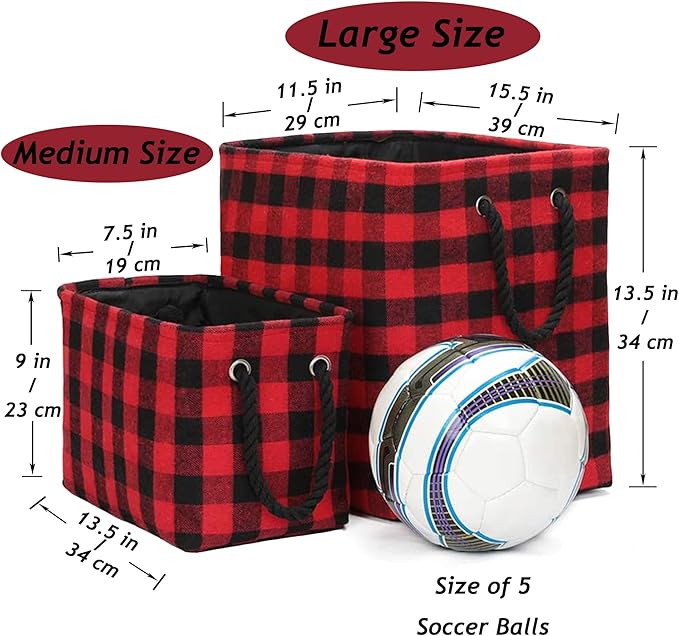 Large Rectangular Foldable Storage Laundry Baskets with Cotton Rope Handles Nursery Soft Felt Fabric Bins Delicate Home Organizer Solution, Red Black Grid, L