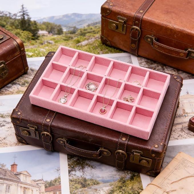 Velvet Jewelry Organizer Trays Pink Stackable Jewelry Storage Display Tray with Removable Dividers, 18 Grids