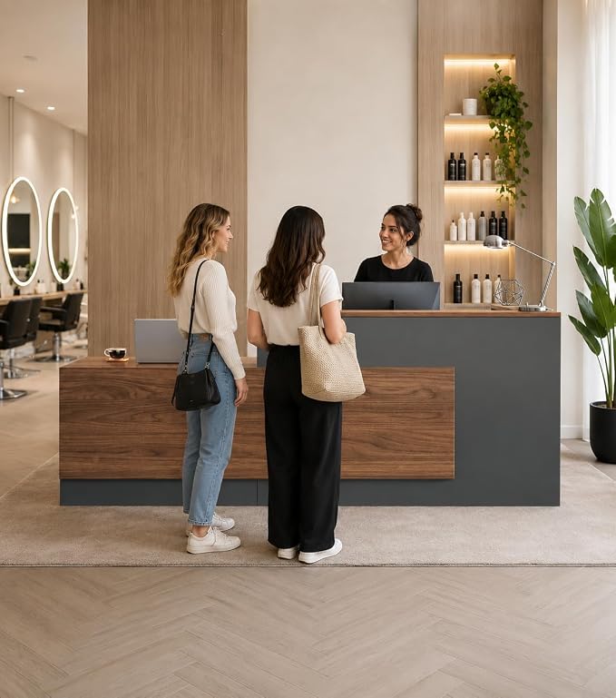 Modern L-Shaped Reception Desk with Counter - 87 inch Front Desk with Storage Cabinet, Open Shelves, Lockable Drawer & Keyboard Tray for Office, Lobby, Checkout (Red Walnut & Iron Gray - Left)