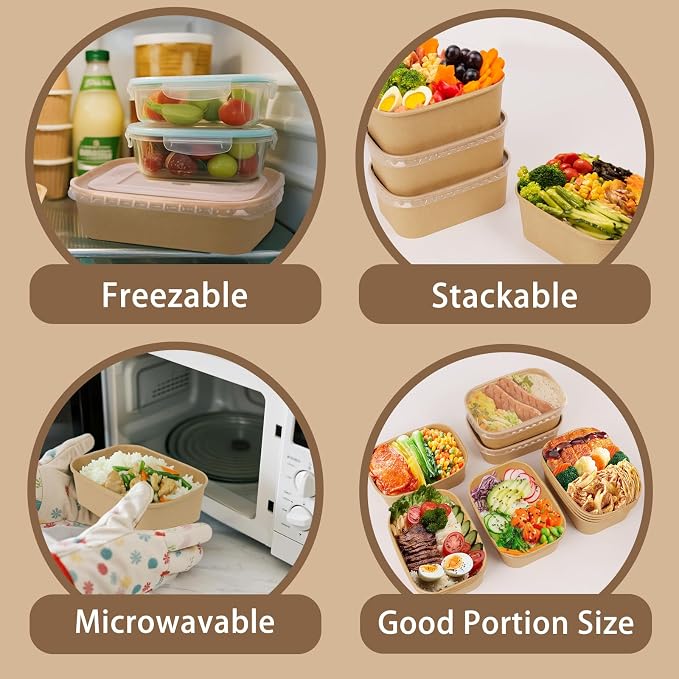 50 Pack 25 oz Paper Food Containers with Lids, Meal Prep Containers Disposable Large Paper Bowls, Microwavable and Freezer Storage Use Cardboard Food Containers