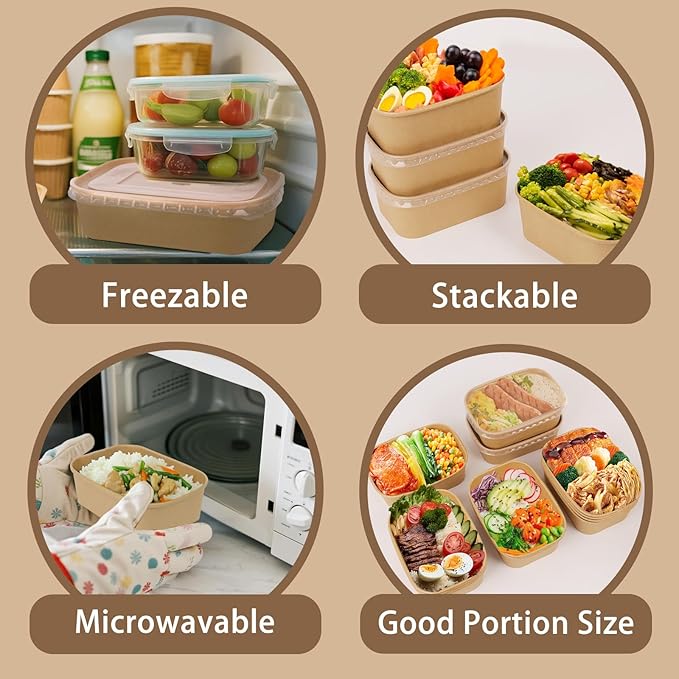 50 Pack 35 oz Paper Food Containers with Lids, Meal Prep Containers Disposable Large Paper Bowls, Microwavable and Freezer Storage Use Cardboard Food Containers