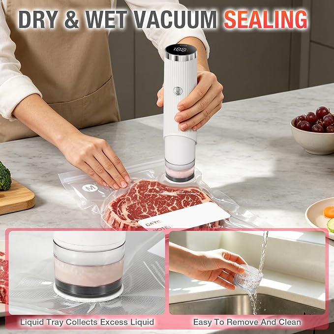 Compact Vacuum Sealer for Food, Handheld Vacuum Sealer Machine with 30 Reusable Bags + 3 Vacuum Containers, Portable Automatic Food Sealer for Freezer Storage, Travel, Camping