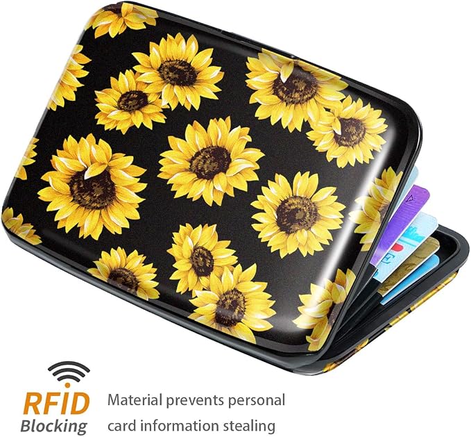 Coco Rossi Credit Card Holder RFID Aluminum Small Mini Wallet Women | Metal Wallet, Business Cards Holder, ID Case, Slim Sleeves, Womens Girls Gift, Carry Proof Wallets for Travel, Sunflower