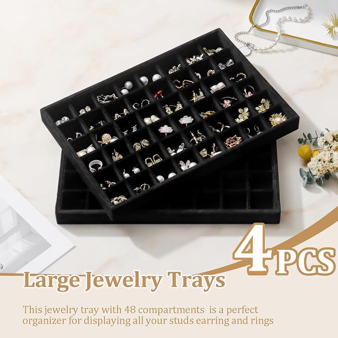 Large Stackable Jewelry Tray 4 Pack Velvet Jewelry Display Drawer Inserts Trays Organizer for Earring Bracelet Necklace Ring (Black, 48 Grids)