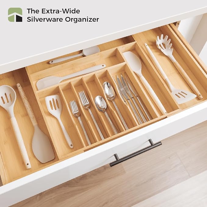 KitchenEdge Premium Silverware, Flatware and Utensil Organizer for Kitchen Drawers, Food-Safe Contract Grade, Expandable from 18 to 33 In, Natural Bamboo