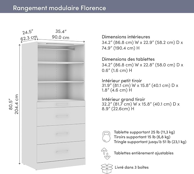 Bestar 36W x 25D Modular Closet Organizer System Tower, Reach-in Closet or Walk-in with LED Light, Shelves, and 4 Drawers, Slab Style, Florence Collection, White