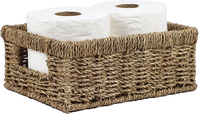 Wicker Baskets, Baskets for Organizing, Rattan Woven Basket for Storage, Organizer Bins with Built-in Handles, Storage Basket for Shelves (Seagrass, Small)