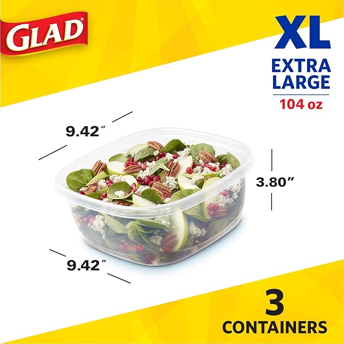 Glad GladWare XL Square Food Storage Containers with Lock Tight Lids, Family Size No BPA Plastic Containers for Leftovers and Meal Prep, Reusable Dishwasher Safe, 104 Oz, 3 Count - 3 Pack