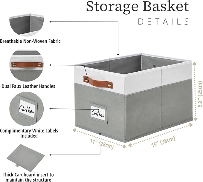 DECOMOMO Storage Bins, Storage Baskets for Shelves (Grey & White) | 4 Pack Fabric Storage Bins, 15" x 11" x 9.9" Foldable Storage Bins with Labels