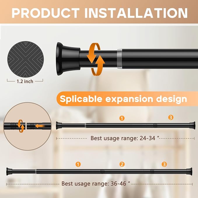 Black Spring Tension Curtain Rod 23 to 46 Inch, Spring Tension Rod Small Curtian Rod, Adjustable Expandable Pressure Curtain Rod for Windows Bedroom Closet Doorway
