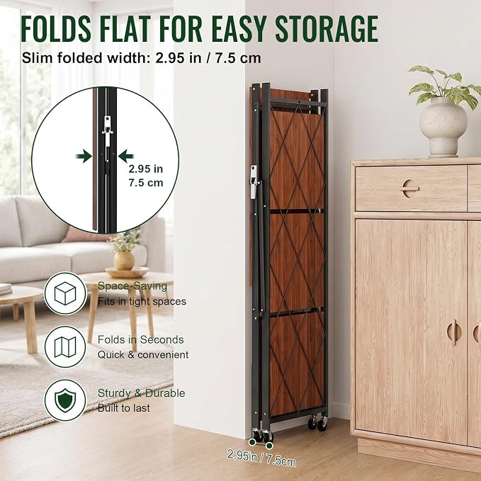 black leopard 4-Tier Foldable Shelf with Wheels, Wood-Grain Steel Shelves | Pre-assembled frame unfolds in seconds with tool-free wheel setup for fast, convenient use