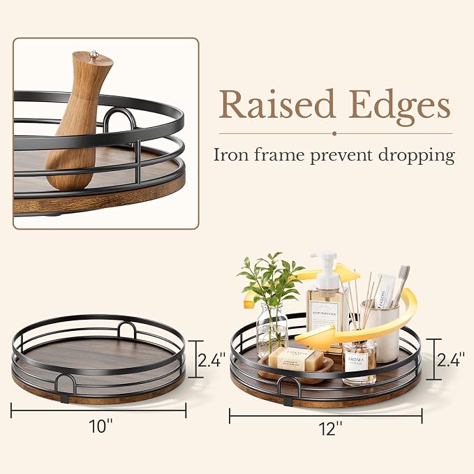 2 Pack 10" 12" Lazy Susan Turntable Organizer for Table Top, Round Wooden Lazy Susan for Cabinet, Countertop, Pantry, Spice, Kitchen, Bathroom Vanity, Coffee, Home Decor