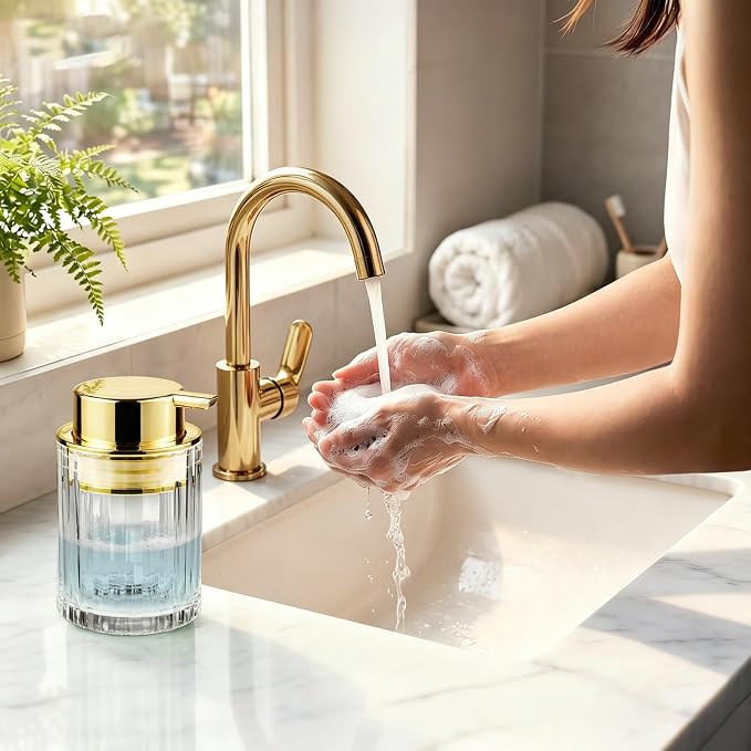 Foaming Hand Soap Dispenser, 8oz Refillable Clear Glass with Gold Pump, for Liquid Soap or Lotion, Vertical Ribbed Decor for Bathroom Vanity, Kitchen, Commercial Use - 2 Pack