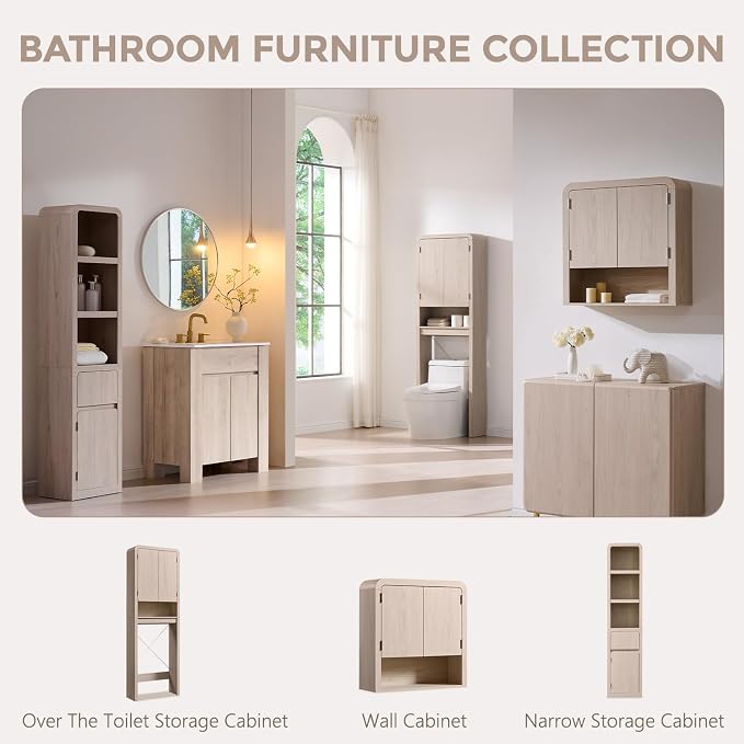 Over the Toilet Storage Cabinet, 69.69" Curved Bathroom Storage Organizer Cabinet with Doors and Adjustable Shelves, Wooden Free Standing Toilet Space Saver Rack, Cream