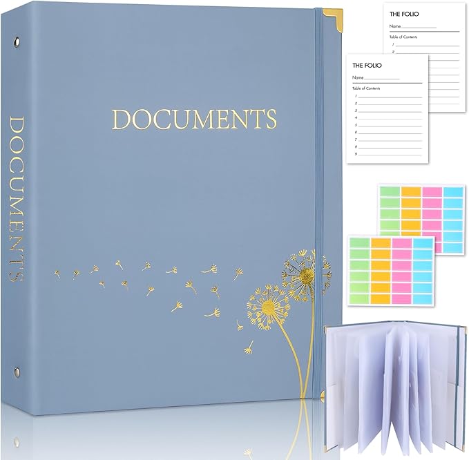 XKDOUS Important Document Organizer Emergency Binder Life Organizer Folio Folders with 9 Pockets Expanding File Storage Holder for Papers, Letters, Cards, Bills, Passports, Photos