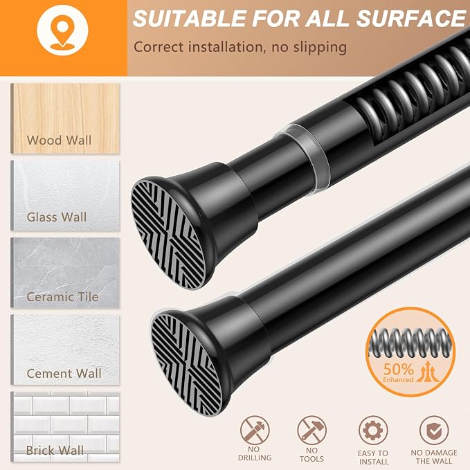 Adjustable Spring Curtain Rod 30-63 inch, Tension Curtain Rod No Drilling, Spring Loaded Curtain rods for Window Doorway Kitchen, Black