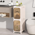 2 Tier Slim Bathroom Storage Cabinet, Foldable and Movable, Beige | Tools Free, ABS and PET, Magnetic Clear Door, Adjustable Shelves, Lockable Wheels, Water Resistant, For Narrow Space