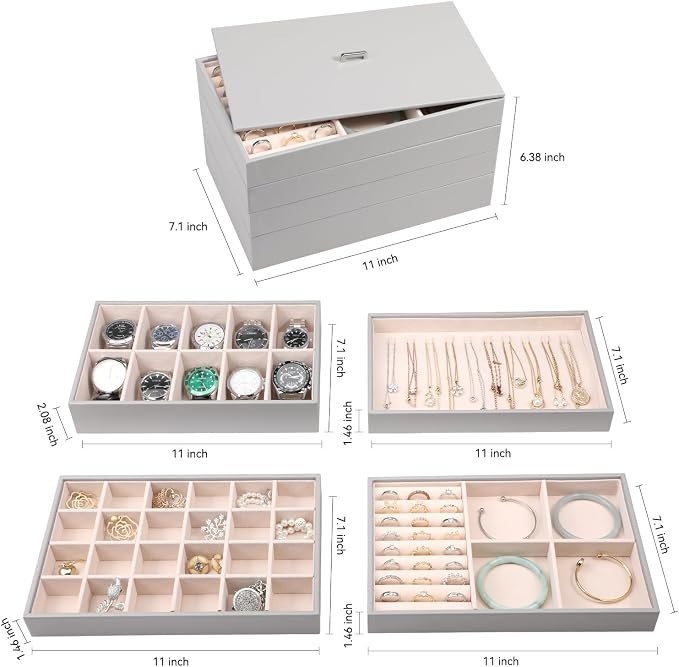 Voova Stackable Jewelry Organizer Tray with Lid, PU Leather Jewelry Storage Holder for Drawer Inserts, Jewellery Display Box Case for Earring Necklace Ring Watch Bracelet (Set of 4, Grey)