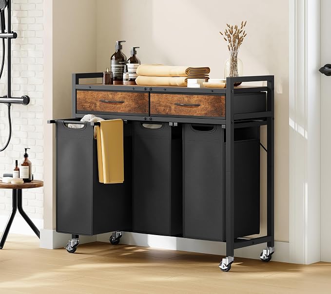 Laundry Sorter 3 Section, 120 L Laundry Hamper with 2 Drawers & 2-tone Top Panel, Rolling Laundry Basket Organizer with Pull-Out Removable Oxford Fabric Bags for Laundry Room Organization
