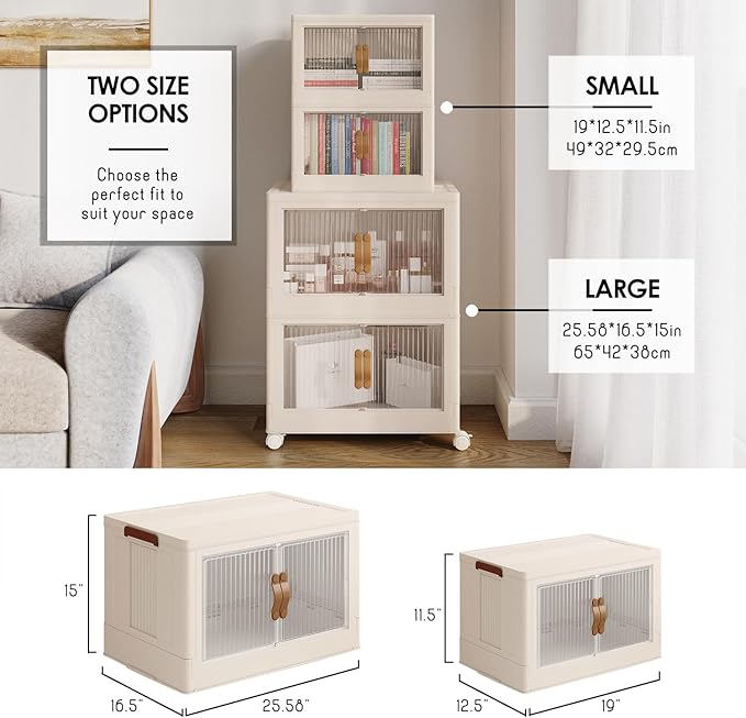 STORAGEBUD 2 Tier Large Stackable Storage Bins with Lids Open Front & 360° Wheels 84.5 QT - Collapsible Storage Bins Home Office Closet Storage Organization, Foldable Clothes Storage Cabinet, 21 GAL