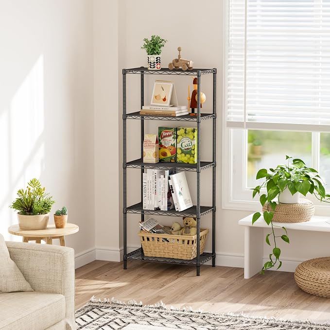 SINGAYE 5 Metal Shelves Wire Shelving Storage Shelf Adjustable Unit Pantry | 5 Tier Kitchen Laundry Room Organization Home Pantry Closet Bathroom Organizers Garage Rack 14" D x 24" W x 59.5" H Black