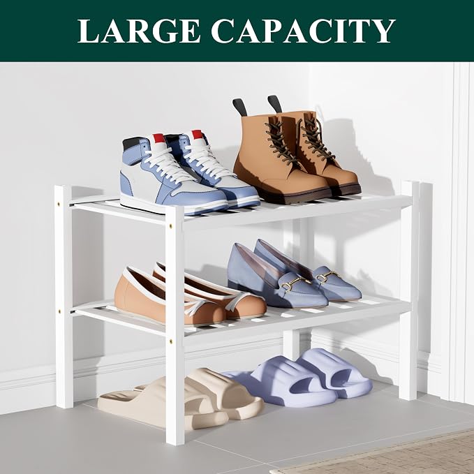 Smiry Bamboo Shoe Rack for Closet, 2 Tier Small Wooden Shoe Organizer, Stackable Wood Shoe Storage Shelf for Entryway, 14 Vertical Slats, One-piece Heavy-Duty Legs, 17.32"x11.02"x12.99", White