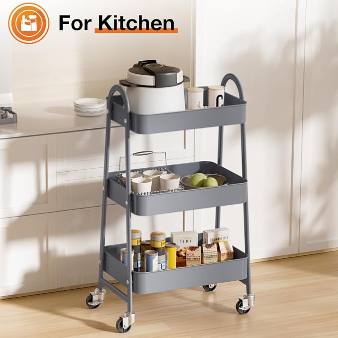 NEWBULIG 3-Tier Metal Rolling Cart with Lockable Wheels, Heavy Duty Mobile Utility Storage Shelf, Roller Book Snack Cart, Grey
